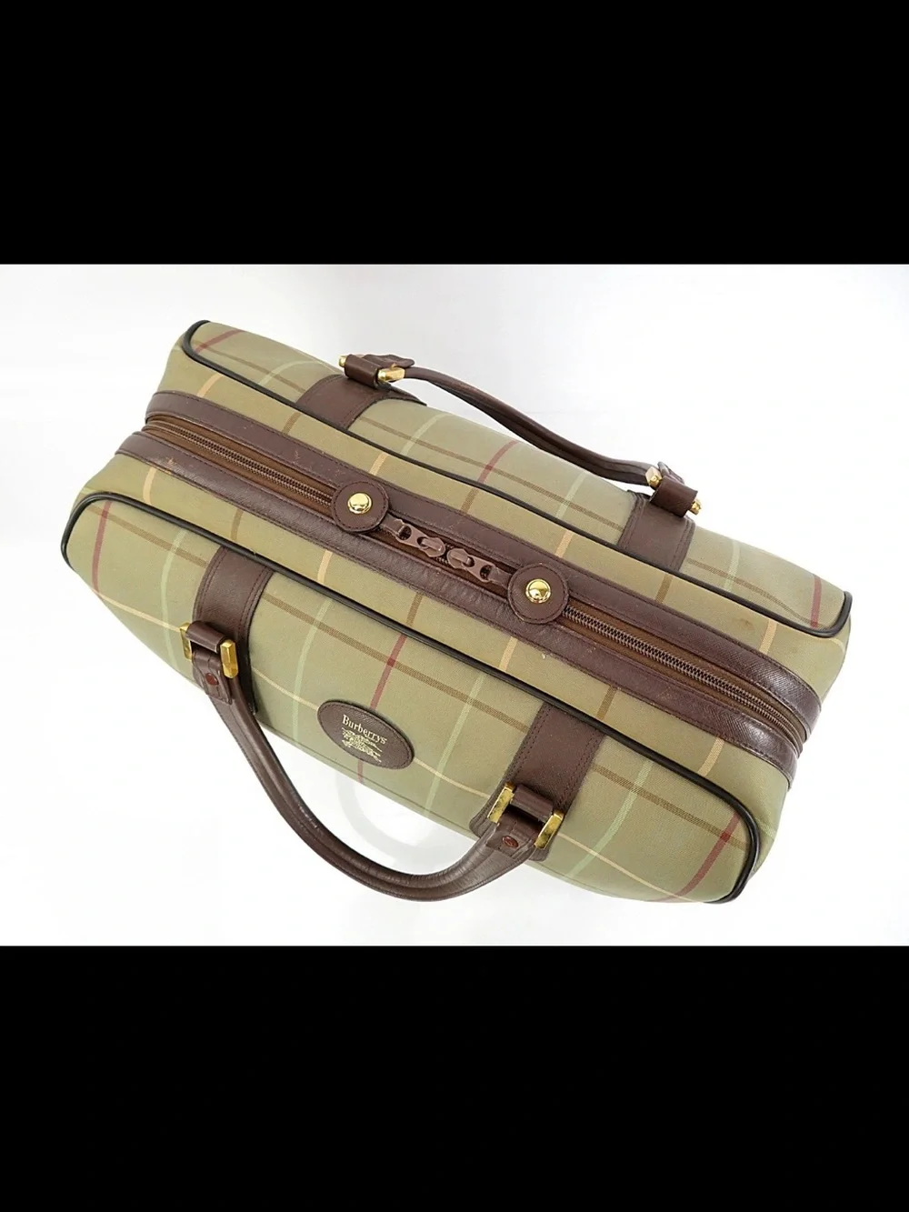 Burberry Olive Green Plaid Canvas Top-Handle Satchel with Brown Leather Trim